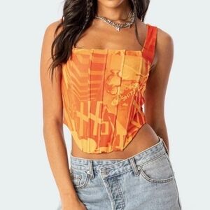 Edikted Orange Graphic Bustier Crop Top with Wide Straps